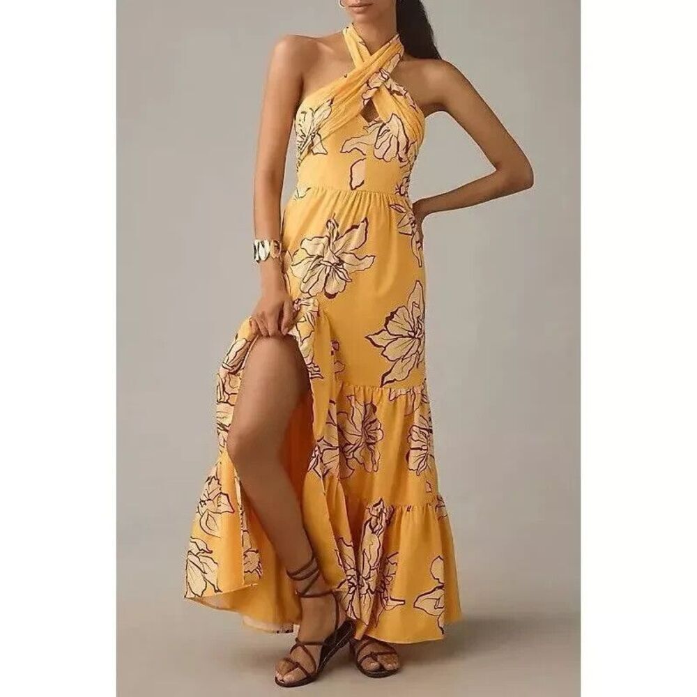 Anthropologie Hutch Maxi Dress Women Yellow Floral Resort Vacation Size 6